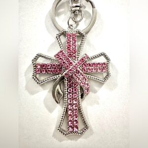 Pink Rhinestones Cross Handbag Charm NIP Christian Faith Silver Tone Keychain